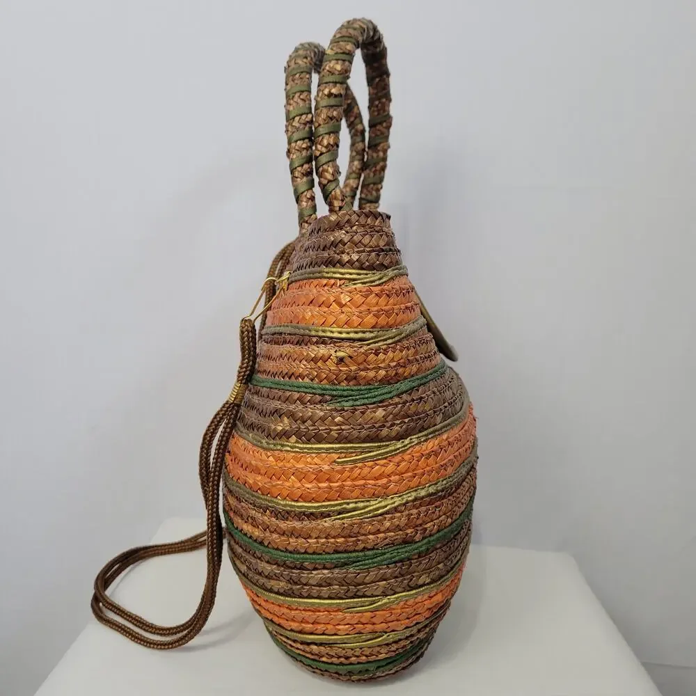 Vintage 90s Striped Straw Shoulder Hand Bag Multicolor Boho Beachy Vacation, New